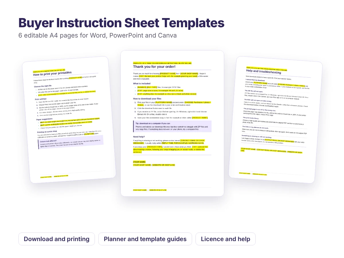 Three of the six Buyer Instruction Sheet Templates: a printing guide, a thank you and download page, and a help and troubleshooting page, with highlighted placeholders to edit. For Word, PowerPoint and Canva